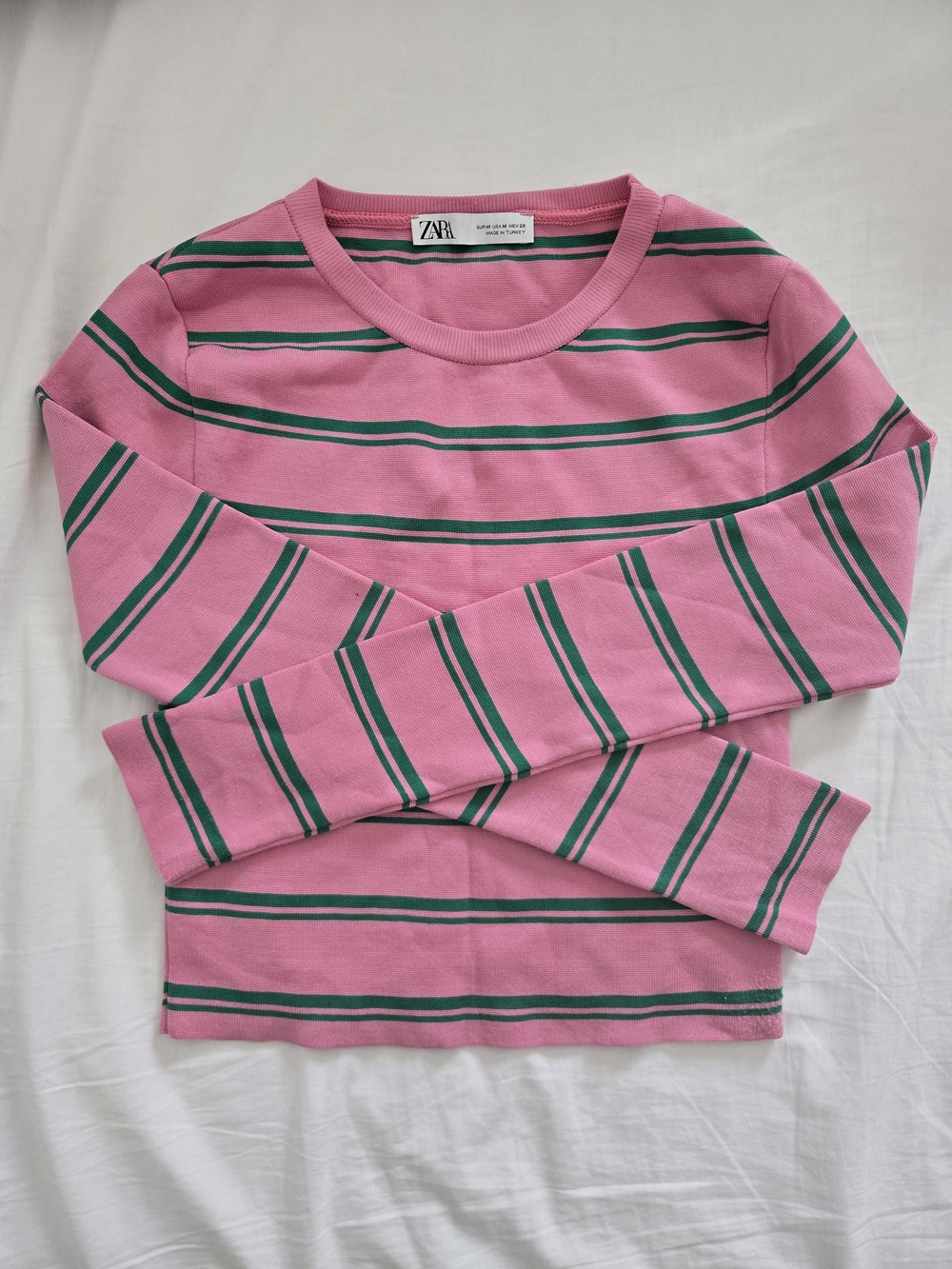 ZARA Women Pink & Green Striped Long-Sleeve Top Size M